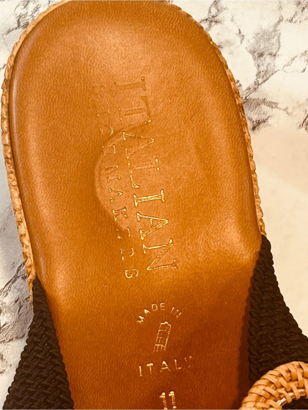 Italian Shoemakers Black and Tan Wedge Sandals with Rattan Accent